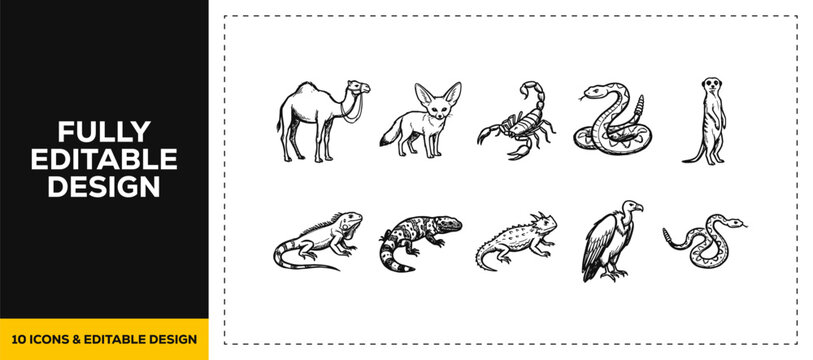 Black ink scribble hand drawn wildlife animal and desert nature icon set bundle featuring hand drawn doodle sketch vector illustrations for safari guide and zoo education branding.