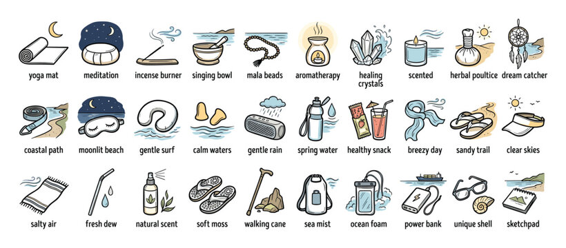 Collection of handdrawn wellness and nature icons for serene lifestyle designs