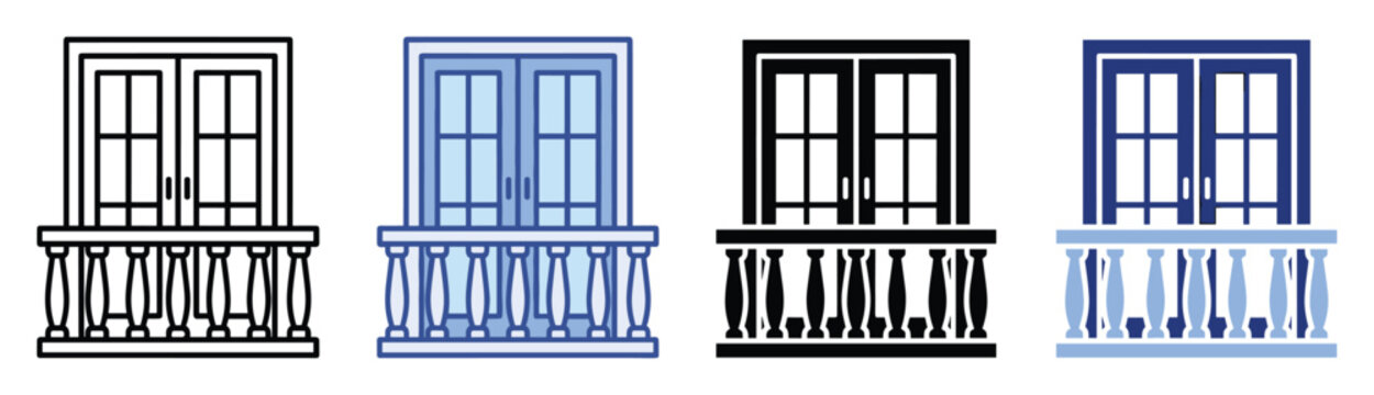 Set of architectural balcony icons featuring double doors and classic balustrade railings for building facade graphics and exterior design