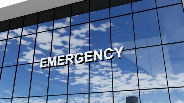 Modern glass building featuring prominent "Emergency" signage, ideal for healthcare, emergency services, hospitals, medical facilities, and urban architecture concepts.
