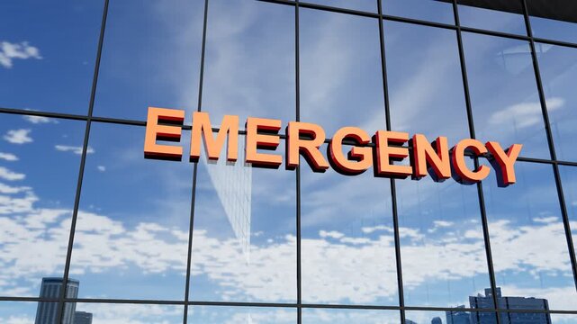 Modern glass building featuring prominent "Emergency" signage, ideal for healthcare, emergency services, hospitals, medical facilities, and urban architecture concepts.