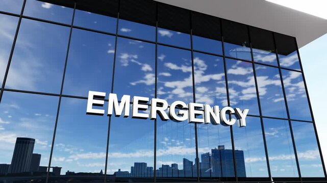 Modern glass building featuring prominent "Emergency" signage, ideal for healthcare, emergency services, hospitals, medical facilities, and urban architecture concepts.