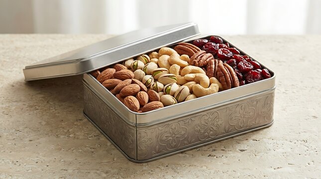 Assorted nuts and dried cherries in a metal gift box. Edible gift tins