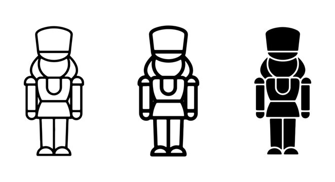 Nutcracker Icons, Vector Set: Classic Soldier Figures, Festive Holiday Symbols, Black and White Graphics