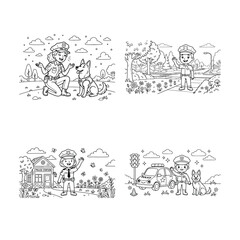 Fototapeta premium Set of four hand drawn doodle illustrations featuring city life and suburban landscapes in black and white
