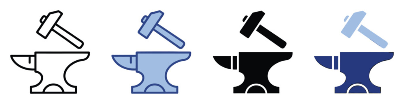 Set of hammer and anvil icons for blacksmithing, metalwork, and craft industry applications