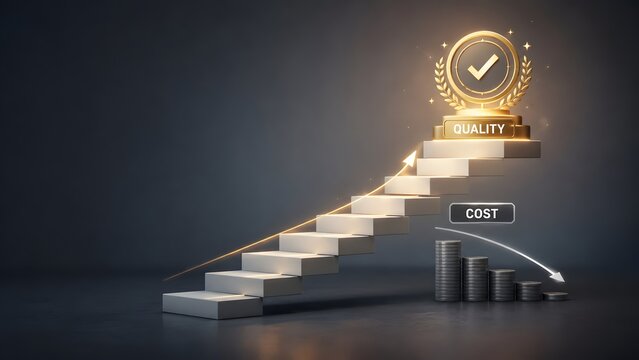 Ascending staircase leading to glowing quality seal while cost decreases represented by descending coin stacks and upward growth arrow