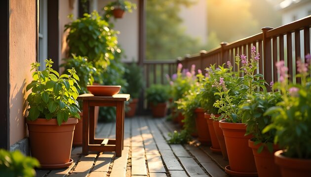 Sunny balcony garden with numerous potted plants and flowers, wooden table, golden hour light, relaxing outdoor space.