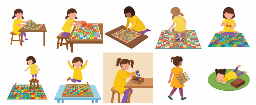Set of illustrations featuring a little girl playing the snakes and ladders board game in various poses and activities
