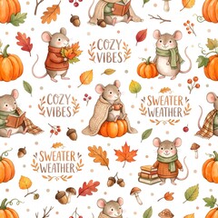 Obraz premium Cozy Autumn Watercolor Seamless Pattern with Cute Mice, Pumpkins, and Fall Elements