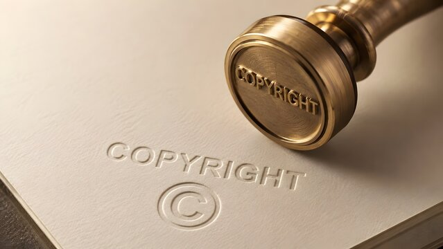 Golden metal stamp embossing copyright text and symbol into thick cream paper representing intellectual property protection and legal registration