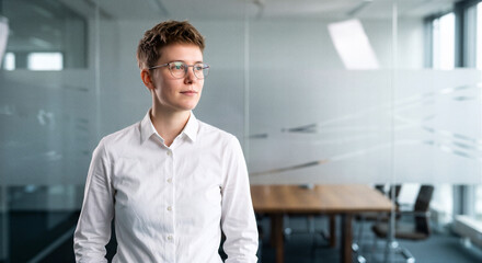 Obraz premium Young business professional standing in a modern glass office, wearing glasses and a white shirt, looking away with a confident expression