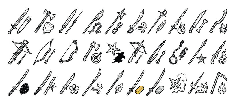 Set of doodle hand drawn weapon icons for game design and fantasy adventure concepts