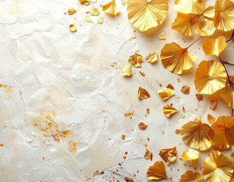 Golden ginkgo leaves and gold foil on japanese washi paper luxury background with copy space