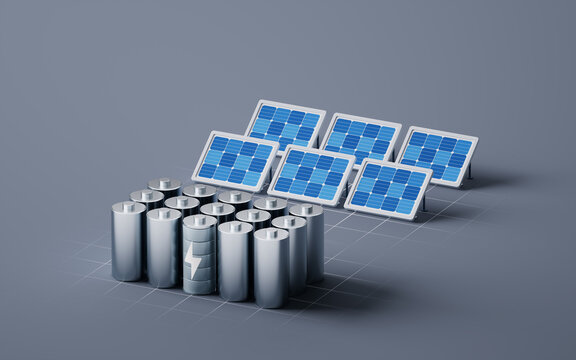 Solar panel and batteries with energy storage concept, 3d rendering.