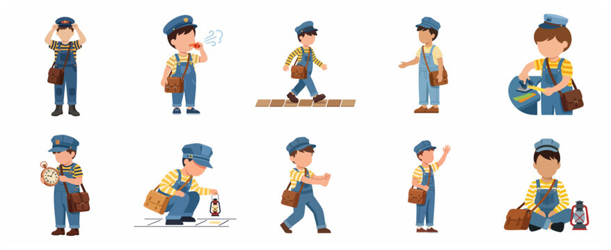 Collection of little boy train conductor characters in various poses and activities, railroad worker mascot vector illustration set