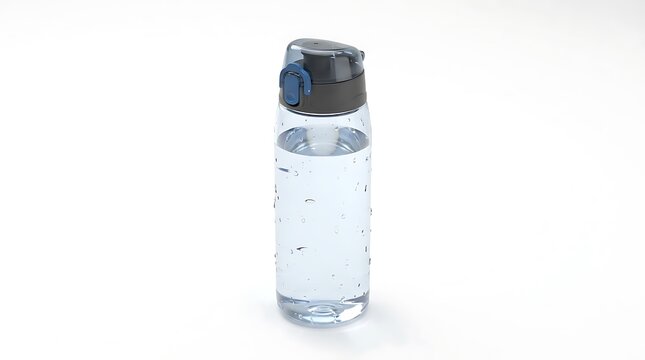 Clear plastic water bottle with a blue lid and water drops on the surface. spill proof bottles