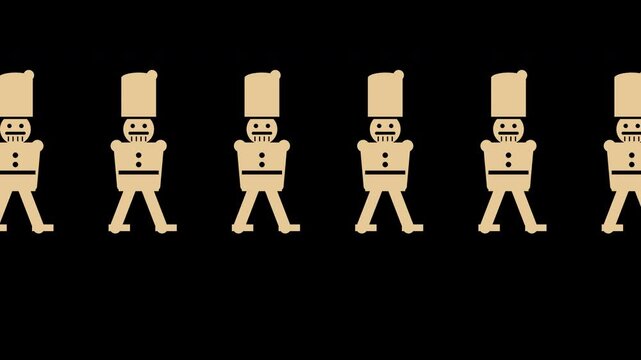 Nutcracker toy soldiers marching in a row, vintage holiday style, gold Christmas transparent overlay, seamless loop animation