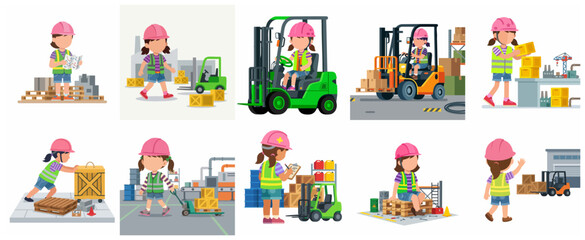 Fototapeta premium Logistics and Warehouse Management Cartoon Character Set Featuring a Young Girl in Safety Gear with Forklifts and Boxes