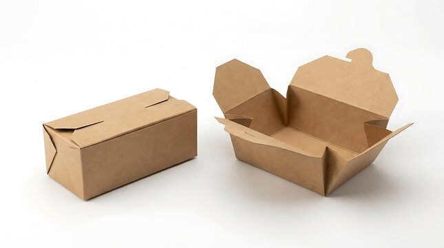 Two brown cardboard food boxes with one closed and one open for takeaway meals. Taco container templates