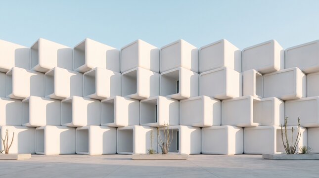 Modern facade built from repeating white geometric cubes with soft sunlight and clean minimal composition, futuristic architectural concept.

