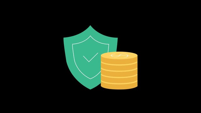 Shield with Stack of Gold Coins. financial security and investment safety. Shield featuring an inner checkmark. 2D animation with 4K resolution and alpha channel.