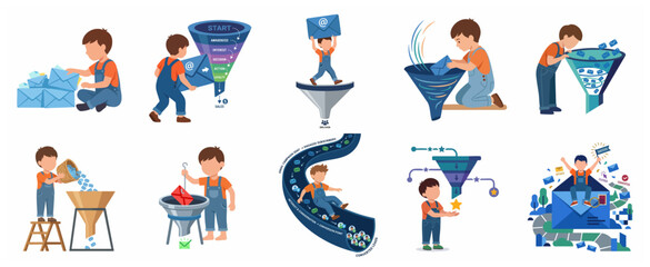 Fototapeta premium Email marketing funnel concept illustration set with a character processing messages for lead generation and sales conversion