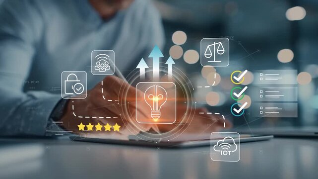 Businessman driving innovation growth with animated light bulb icon, digital transformation strategy, business development, creative thinking and technology leadership