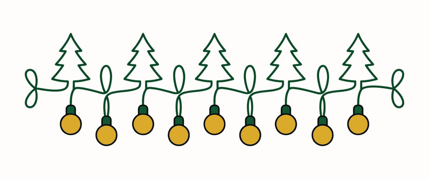 Green christmas tree line art garland with golden yellow bauble lights in continuous drawing style.