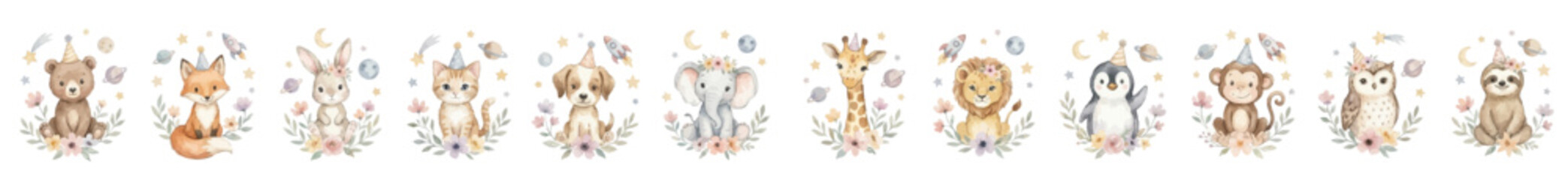 Fototapeta premium Cute watercolor baby animal clipart collection with pastel nursery style and whimsical woodland charm. Collection of Vector illustrations for invitation, card, poster, banner, decoration