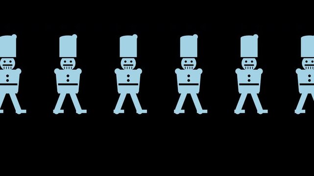 Nutcracker toy soldiers marching in a row, vintage holiday style, ice blue Christmas transparent overlay, seamless loop animation