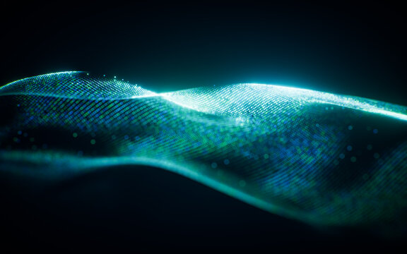 Flowing blue wave particles background, 3d rendering.