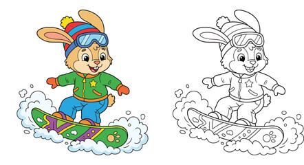 Fototapeta premium Cute Cartoon Bunny Snowboarding on Winter Snow Illustration Set with Black and White Coloring Page Outline for Kids