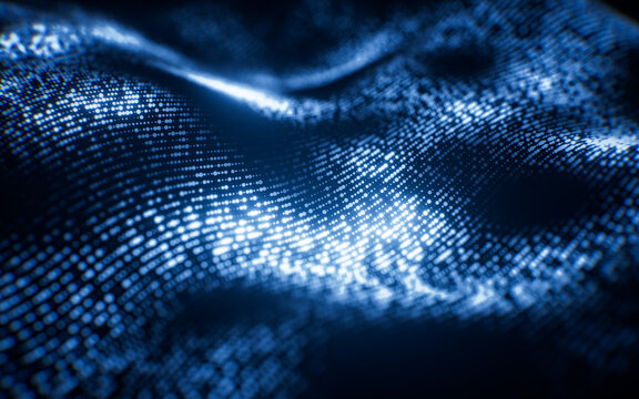 Flowing blue wave particles background, 3d rendering.