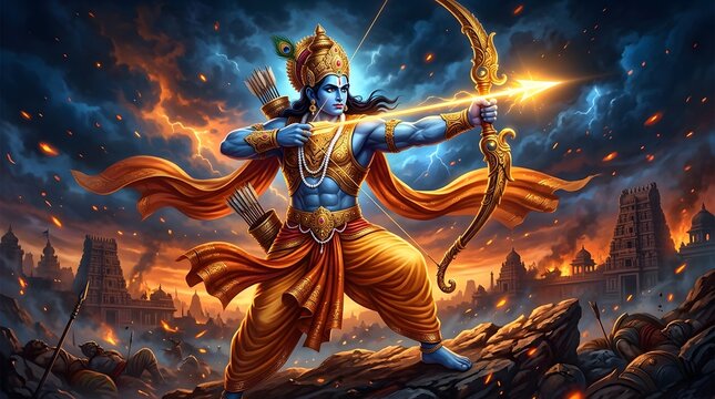 Mythical warrior with bow and arrow in dramatic fantasy landscape