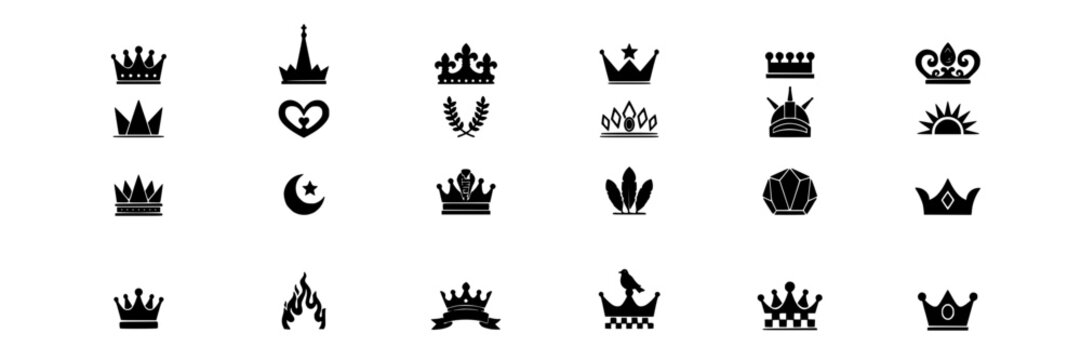 Crowns Arranged in a 4x6 Grid with Various Designs and Symbols Featuring Crown, Icon, Design with Symbol and Royalty Elements