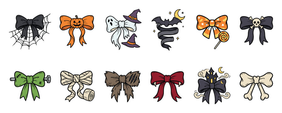 Set of assorted Halloween themed decorative bows and ribbons perfect for spooky holiday celebration