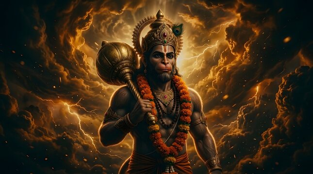 Mythical depiction of Hanuman with mace amid dramatic stormy clouds