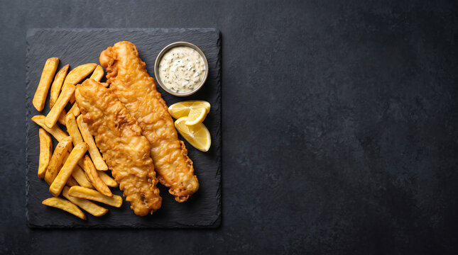 Fish And Chips With Lemon On Slate Overhead Food Photography
