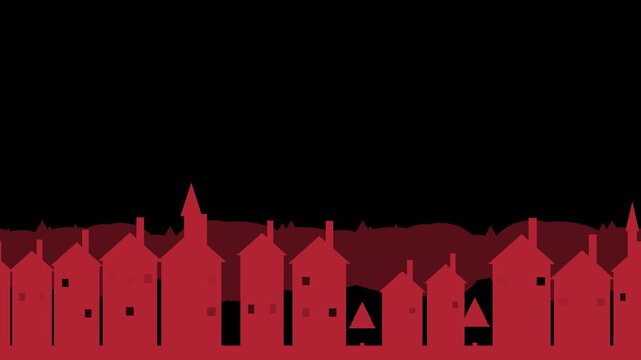 Winter village skyline scrolling with warmly lit windows and church spire, red Christmas transparent overlay, seamless loop animation