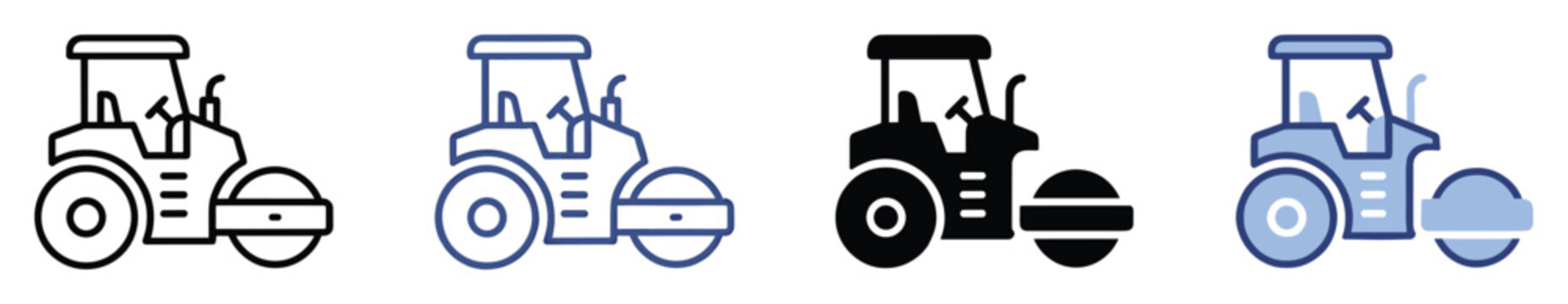 Modern road roller compactor icon set for construction industry applications, heavy machinery visualization, and civil engineering projects.