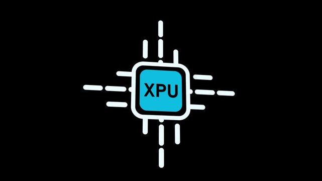 Stylized computer processor chip with the word XPU in a blue square on a black background central processing unit