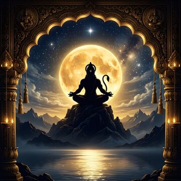 Mystical Hanuman Statue Silhouette Against Full Moon in Ornate Archway