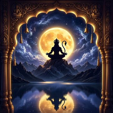 Silhouette of a deity meditating under moonlight in ornate archway