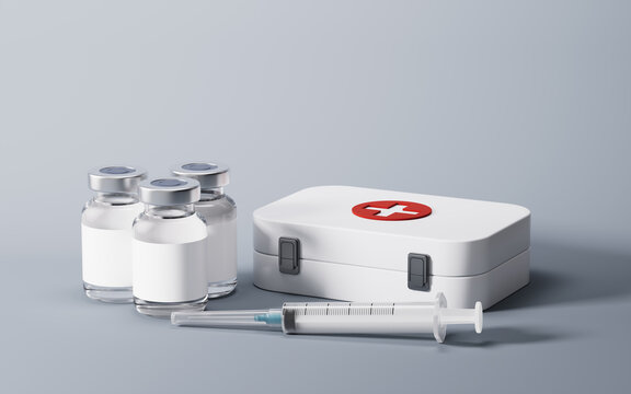 Medical syringe and injection vial with health care concept, 3d rendering.