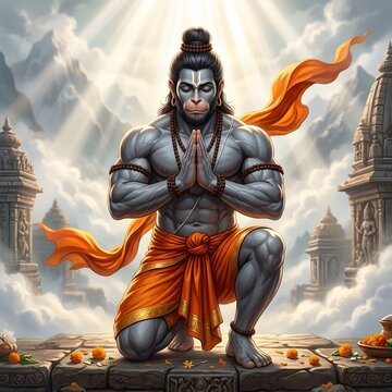 Mythical Hanuman kneeling in ancient temple with dramatic lighting