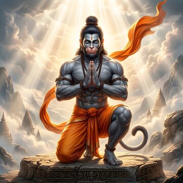 Mythical Hanuman figure in a serene mountain landscape with dramatic lighting