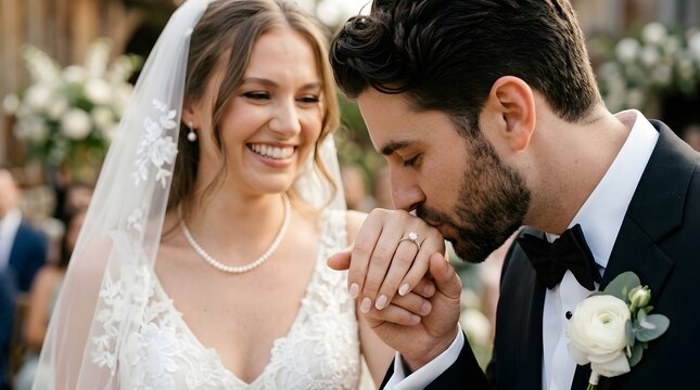 Bride and groom sharing a tender moment during outdoor wedding ceremony