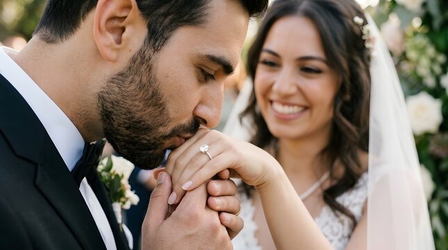Bride and groom sharing a romantic moment during outdoor wedding
