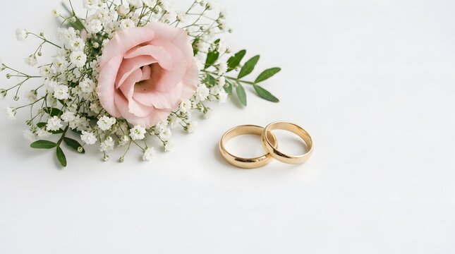 Wedding rings with pink rose and baby's breath on white background